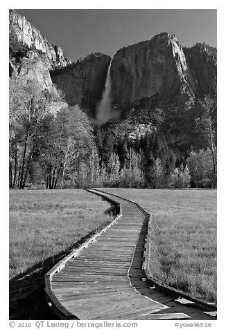 Boardwalk and Yosemite Falls. Yosemite National Park (black and white)