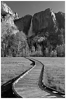 Boardwalk and Yosemite Falls. Yosemite National Park, California, USA. (black and white)