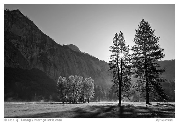 Sun and Ahwanhee Meadows in spring. Yosemite National Park (black and white)