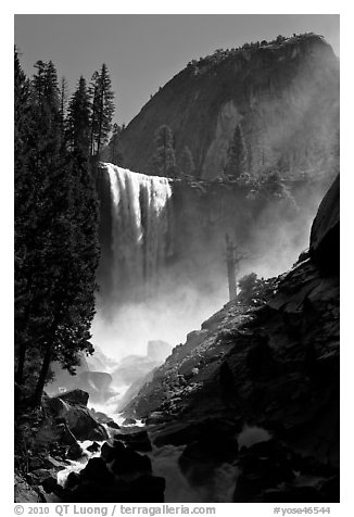 Vernal Fall with backlit mist, morning. Yosemite National Park, California, USA.