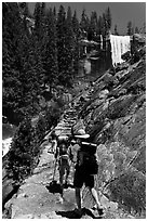 Backpackers on Mist Trail. Yosemite National Park, California, USA. (black and white)