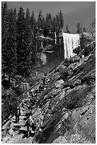 Crowded Mist Trail and Vernal fall. Yosemite National Park, California, USA. (black and white)