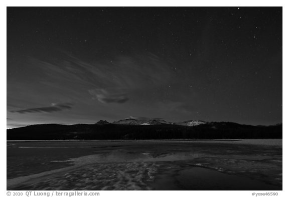Snow-covered Twolumne Meadows by night. Yosemite National Park (black and white)