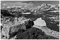 Granite outcrops and distant Tenaya Lake in the spring. Yosemite National Park, California, USA. (black and white)