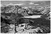 Iced-up Tenaya Lake and domes. Yosemite National Park, California, USA. (black and white)