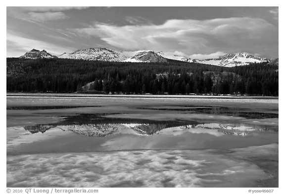 Peaks reflected in snow melt pool, Twolumne Meadows, sunset. Yosemite National Park, California, USA.