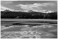 Peaks reflected in snow melt pool, Twolumne Meadows, sunset. Yosemite National Park ( black and white)