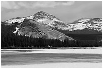 Lambert Dome surrounded by snowy peaks and meadows. Yosemite National Park, California, USA. (black and white)