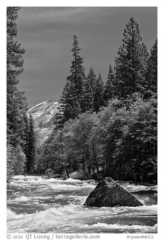 High waters and rapids in Merced River. Yosemite National Park (black and white)
