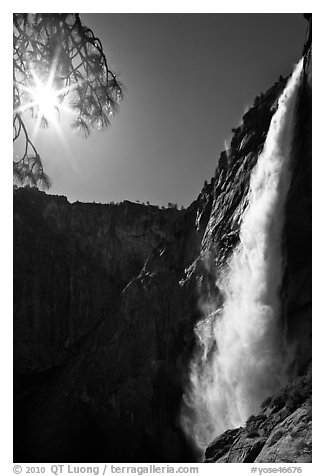 Upper Yosemite Fall and Sun. Yosemite National Park (black and white)