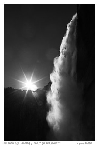 Backlit waterfall from Fern Ledge. Yosemite National Park, California, USA.