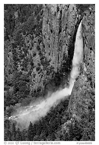 Bridalveil Fall and rainbow from above. Yosemite National Park (black and white)
