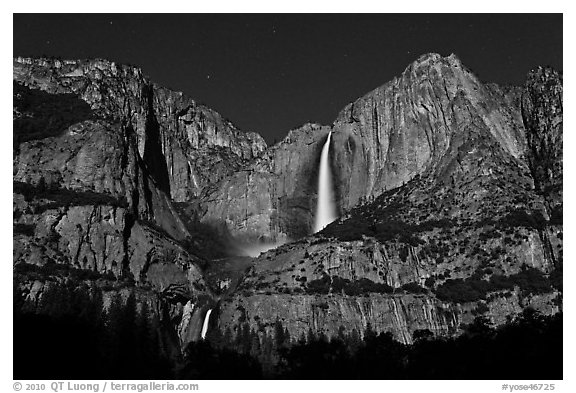 Upper and lower Yosemite Falls by moonlight. Yosemite National Park (black and white)