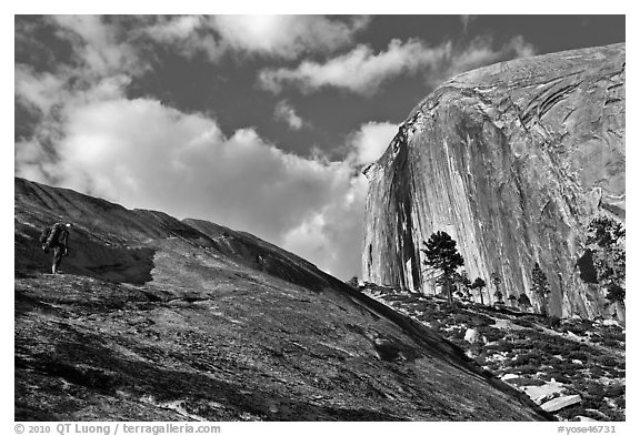 Hiker approaching Diving Board. Yosemite National Park (black and white)