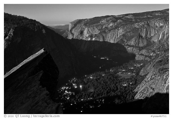 Lights of Yosemite by full moon night. Yosemite National Park (black and white)