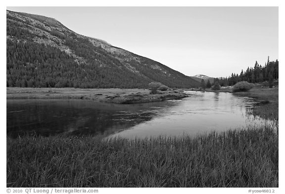 Lyell Canyon and Lyell Fork of the Tuolumne River, sunset. Yosemite National Park (black and white)