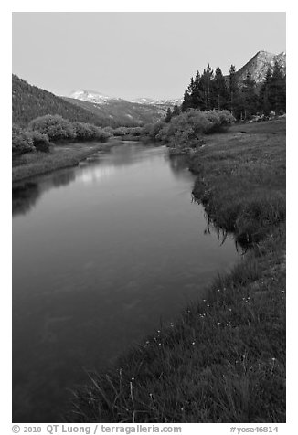 Tuolumne River in Lyell Canyon, dusk. Yosemite National Park (black and white)