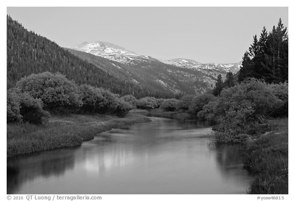 Snowy peak and Tuolumne River, Lyell Canyon, dusk. Yosemite National Park (black and white)