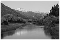 Snowy peak and Tuolumne River, Lyell Canyon, dusk. Yosemite National Park, California, USA. (black and white)