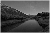 Stars above Lyell Canyon and Tuolumne River. Yosemite National Park, California, USA. (black and white)