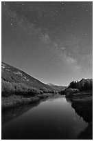 Milky Way above Lyell Canyon and Tuolumne River. Yosemite National Park, California, USA. (black and white)