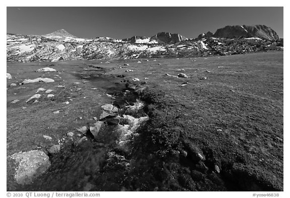 Meadow, stream, and Evelyn Lake. Yosemite National Park (black and white)