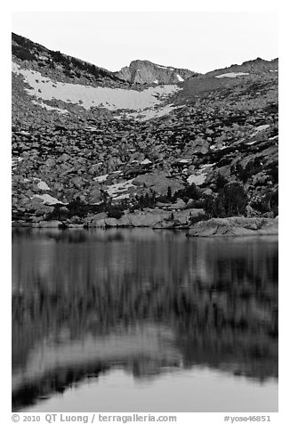 Last light on peak reflected in Vogelsang Lake. Yosemite National Park (black and white)