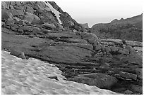 Neve at the base of Vogelsang peak at sunset. Yosemite National Park, California, USA. (black and white)