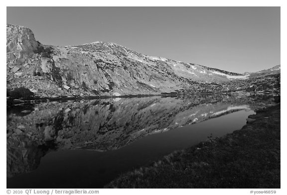 Fletcher Peak reflected in Vogelsang Lake, dusk. Yosemite National Park (black and white)