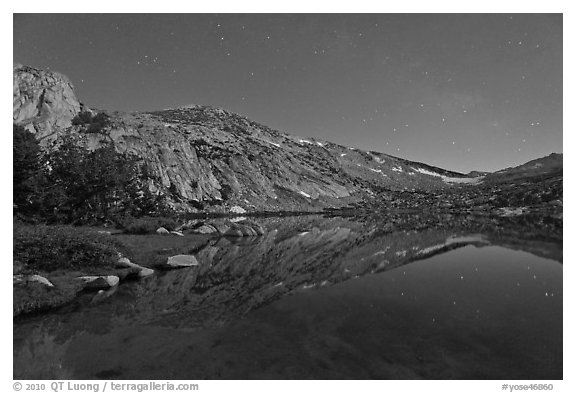 Stars above Vogelsang Lake at night. Yosemite National Park, California, USA.