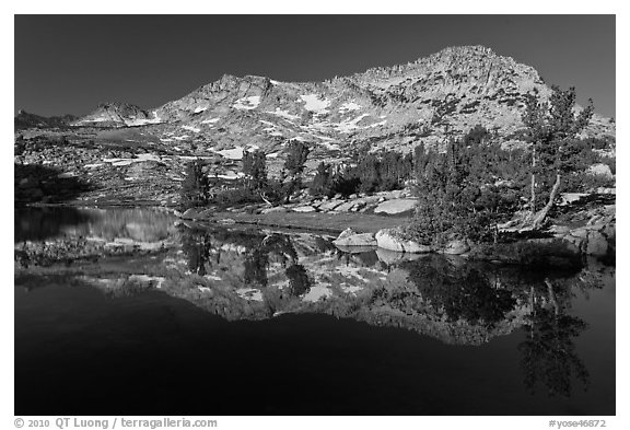 Vogelsang Peak reflected in Vogelsang Lake, morning. Yosemite National Park (black and white)