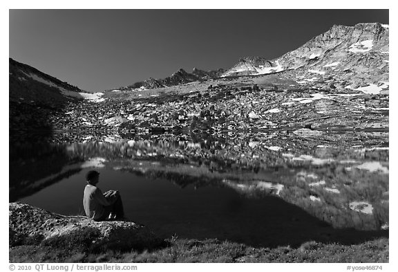 Park visitor looking, Vogelsang Lake and Peak. Yosemite National Park (black and white)