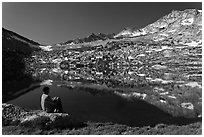 Park visitor looking, Vogelsang Lake and Peak. Yosemite National Park ( black and white)