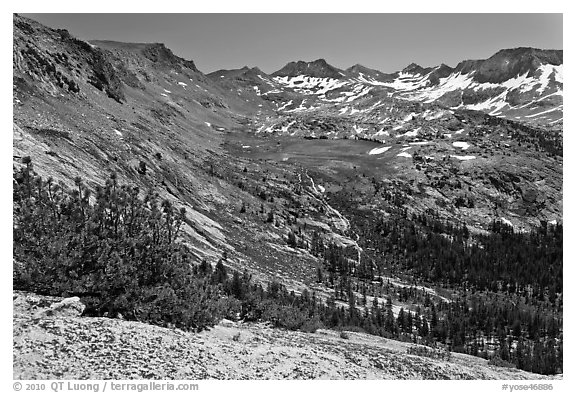 High Sierra view from Vogelsang Pass above Lewis Creek with Parson Peak and Gallison Lake. Yosemite National Park (black and white)