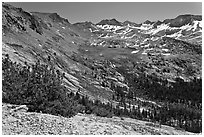 High Sierra view from Vogelsang Pass above Lewis Creek with Parson Peak and Gallison Lake. Yosemite National Park, California, USA. (black and white)