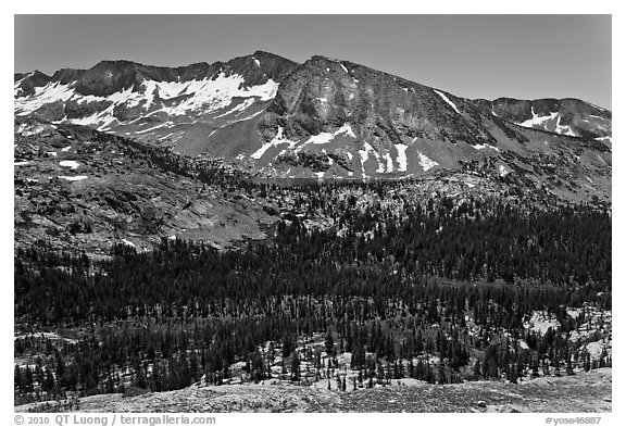 High Sierra view from Vogelsang Pass above Lewis Creek with Bernice Lake. Yosemite National Park (black and white)