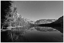 Merced Lake, tall trees, and stars. Yosemite National Park, California, USA. (black and white)