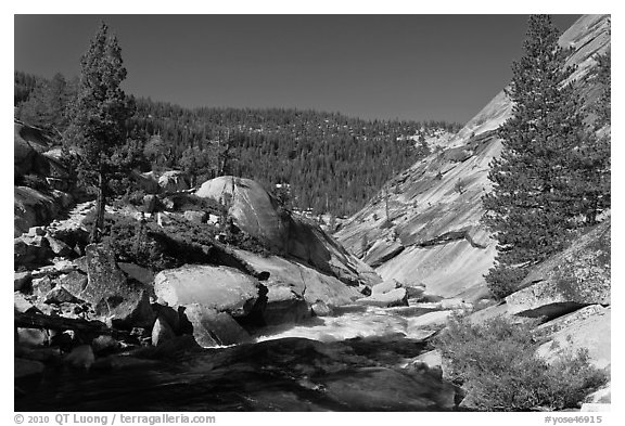Merced River flowing over granite. Yosemite National Park (black and white)