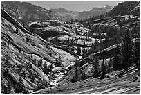 Upper Merced River Canyon view, morning. Yosemite National Park, California, USA. (black and white)