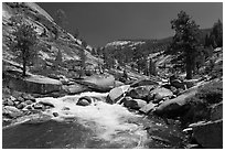 Merced river flowing in granite canyon. Yosemite National Park, California, USA. (black and white)