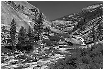 River flowing in smooth granite canyon. Yosemite National Park, California, USA. (black and white)