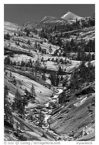 Landscape of smooth granite with flowing Merced. Yosemite National Park (black and white)