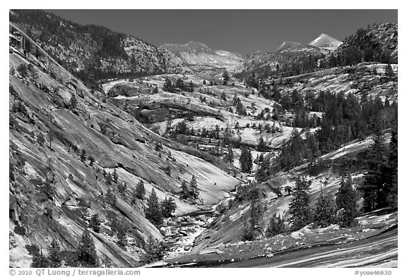 Upper Merced River Canyon view, afternoon. Yosemite National Park (black and white)