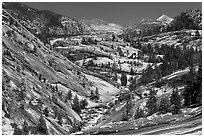 Upper Merced River Canyon view, afternoon. Yosemite National Park, California, USA. (black and white)