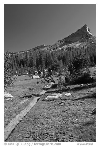 John Muir Trail and backpackers under Tressider Peak. Yosemite National Park (black and white)