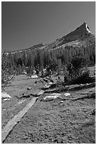 John Muir Trail and backpackers under Tressider Peak. Yosemite National Park, California, USA. (black and white)