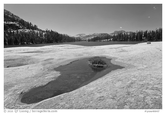 Colorful slab, pothole, and lower Cathedral Lake. Yosemite National Park (black and white)