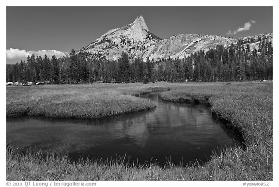 Cathedral Peak reflected in meandering stream. Yosemite National Park (black and white)