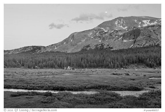 Mammoth Mountain and stream at sunset. Yosemite National Park (black and white)