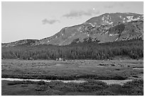 Mammoth Mountain and stream at sunset. Yosemite National Park, California, USA. (black and white)